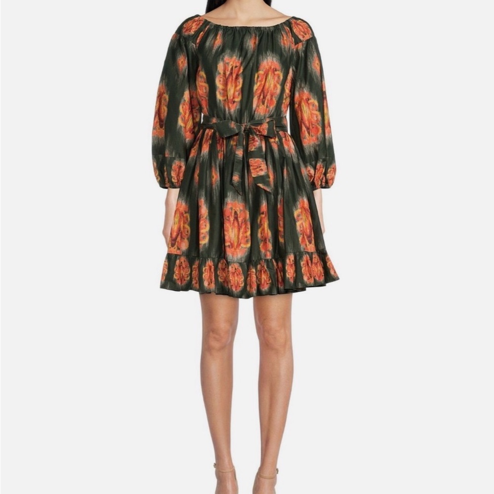 Floral Long Sleeve Dress - Green and Orange